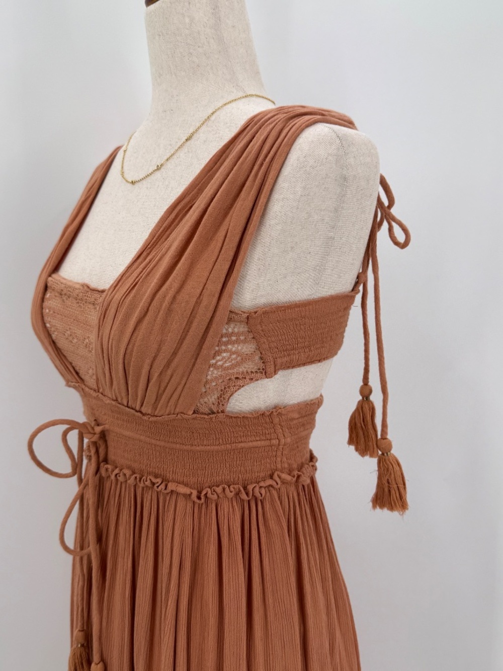 Free People Santa Maria Maxi Dress Terracotta Rust Orange Boho Cottage Ruffle XS - Picture 3 of 8